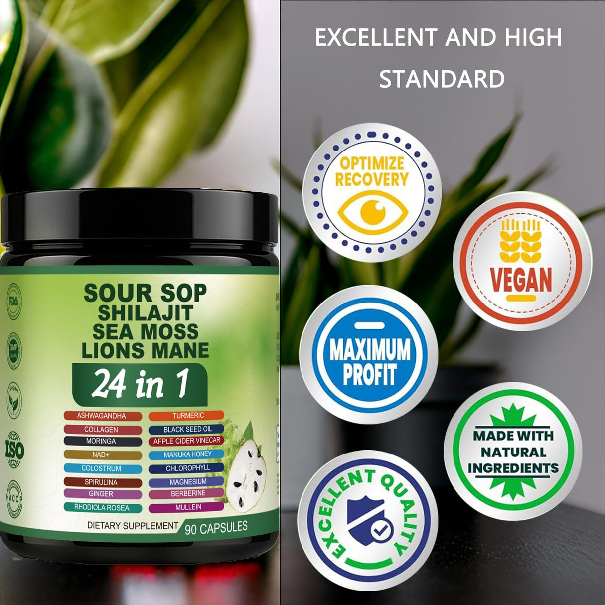 24 in 1 Soursop Capsules - Graviola Soursop Capsules with Shilajit, Sea Moss, Lions Mane, Turmeric, Ashwagandha, Vegan, Ginger & Manuka Honey and More, Non-GMO, 90capsules