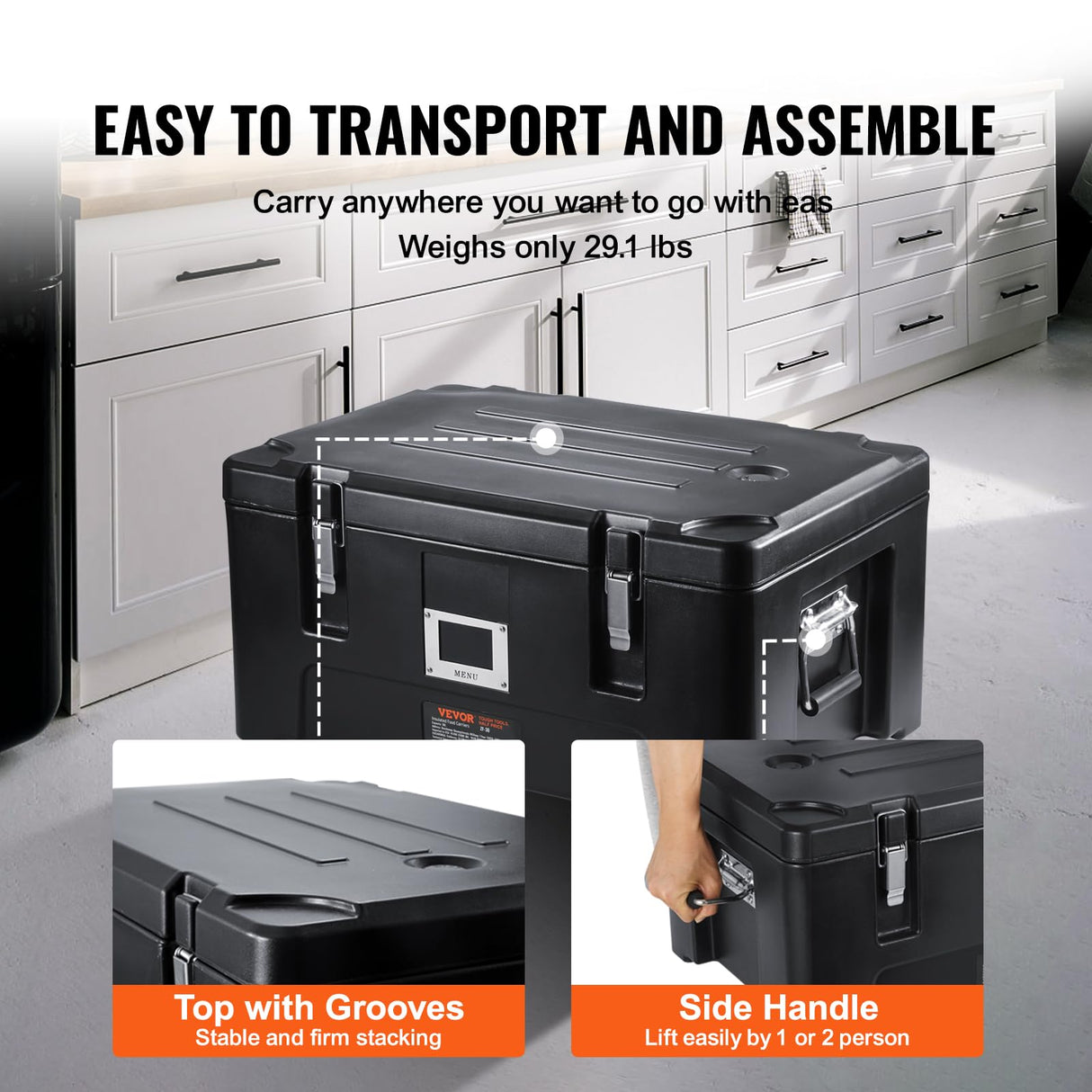 VEVOR Insulated Food Pan Carrier, 36Qt Capacity, Stackable Hot Box for catering w/ 3 Stainless Steel Pans, Top Load LLDPE Food Warmer w/Elastic Side Handles and Buckles, for Restaurant Canteen, Black