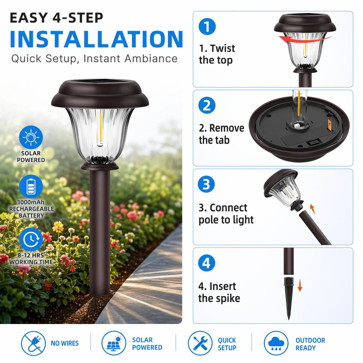 DERAYSION 8 Pack Solar Lights Outdoor, Stainless Steel Glass Solar Pathway Lights, Auto On/Off Long-Lasting Waterproof Garden Lights for Landscape, Path, Yard, Driveway, Walkway Decor (Warm White)