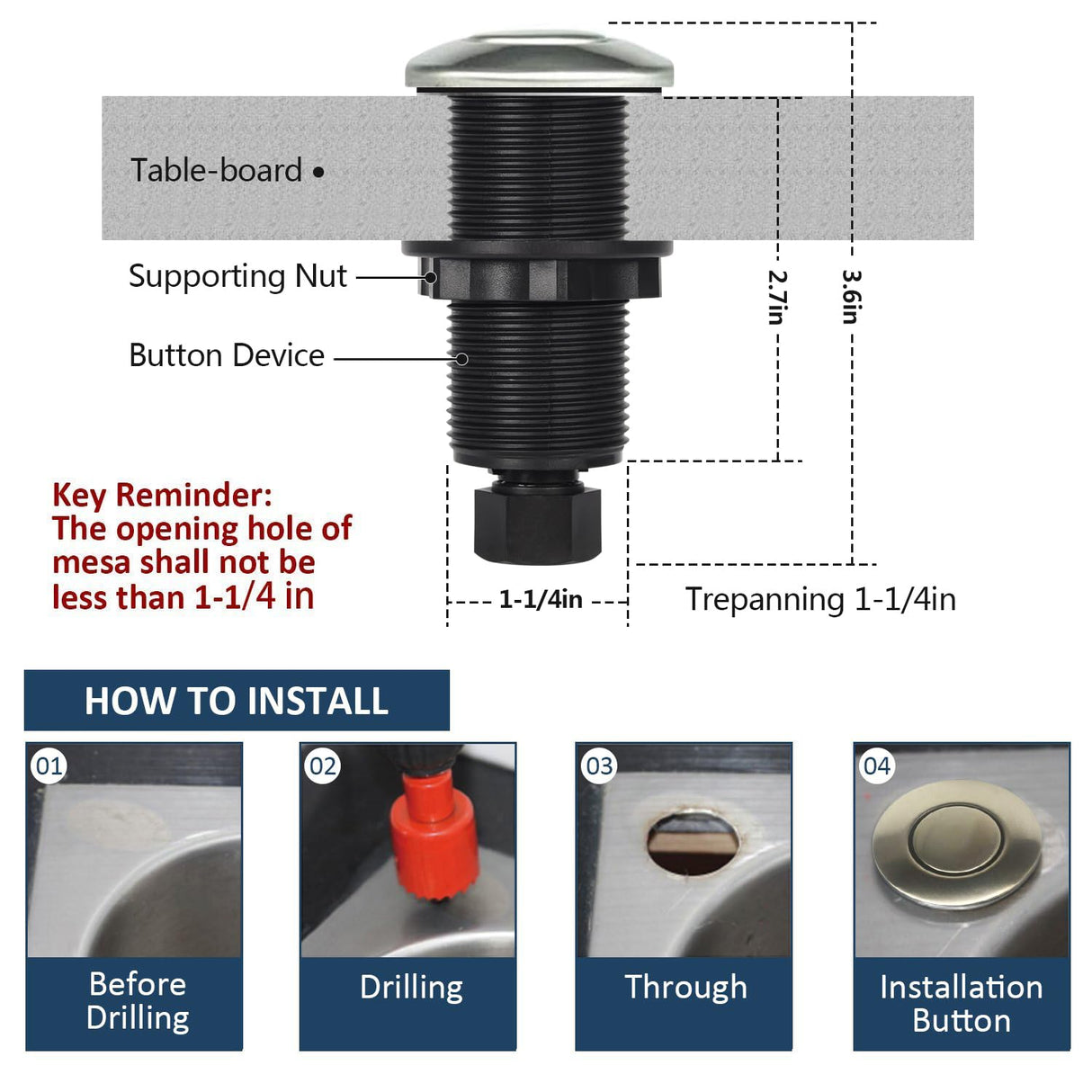 Garbage Disposal Air Switch Kit Sink Top Waste Disposal Long Stainless Steel Brushed Nickel On/Off Air Button Food and Waste Disposals Part by Etoolcity