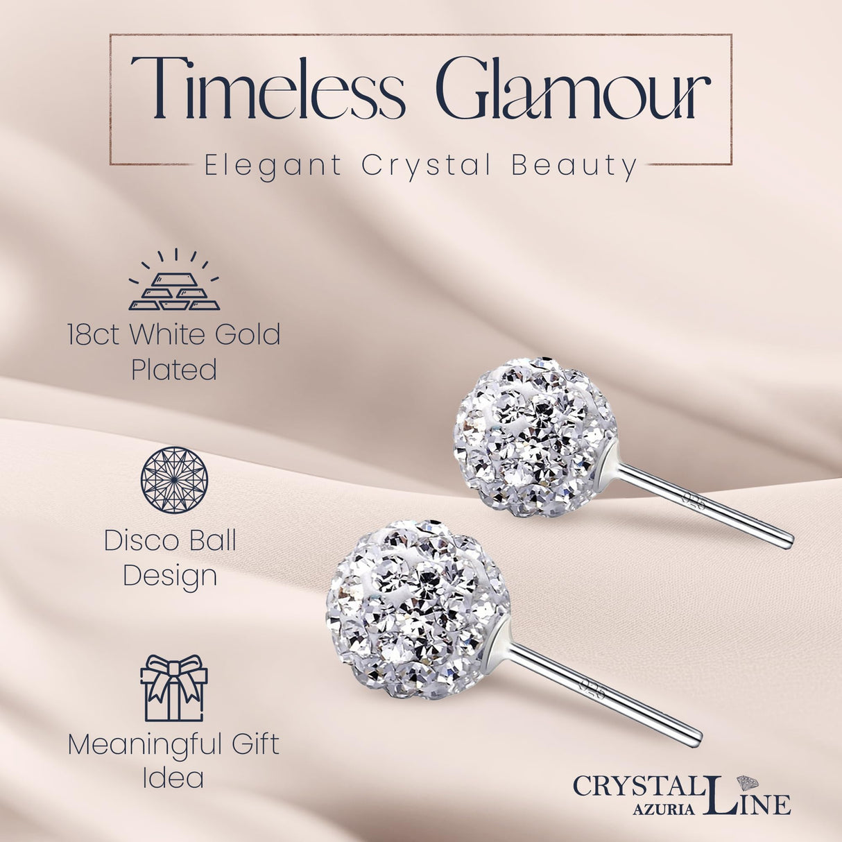 Crystalline Azuria 925 Sterling Silver Earrings White Crystals Round Disco Ball Stud Earrings 8 mm for Women