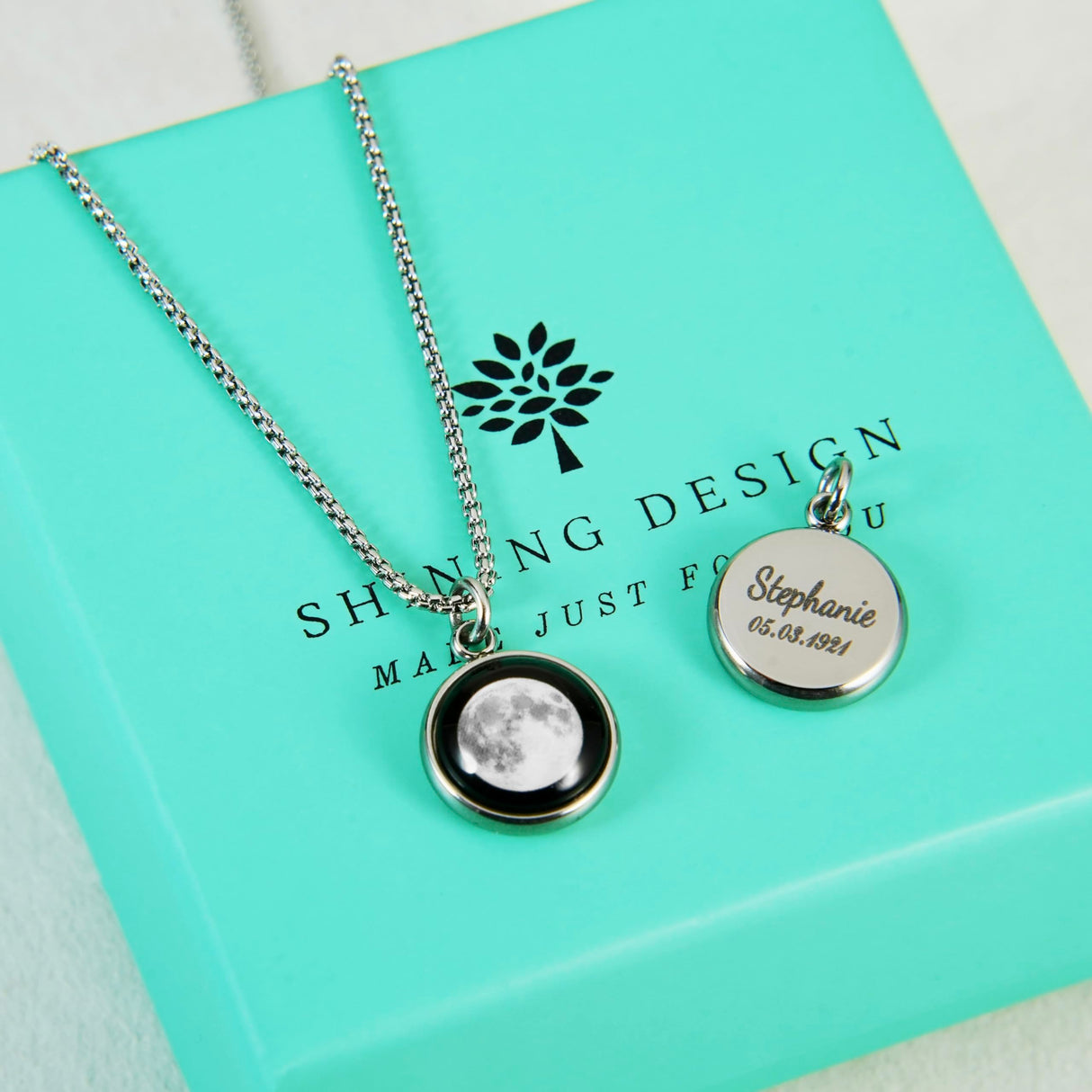 Shining Design Personalized Glowing Birth Moon Phase Necklace with Gift Box