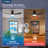 Amico Ceiling Fans with Lights, 42 inch Low Profile Ceiling fan with Light and Remote Control, Flush Mount, Reversible, 3CCT, Dimmable, Noiseless, Black Ceiling Fan for Bedroom, Indoor/Outdoor Use