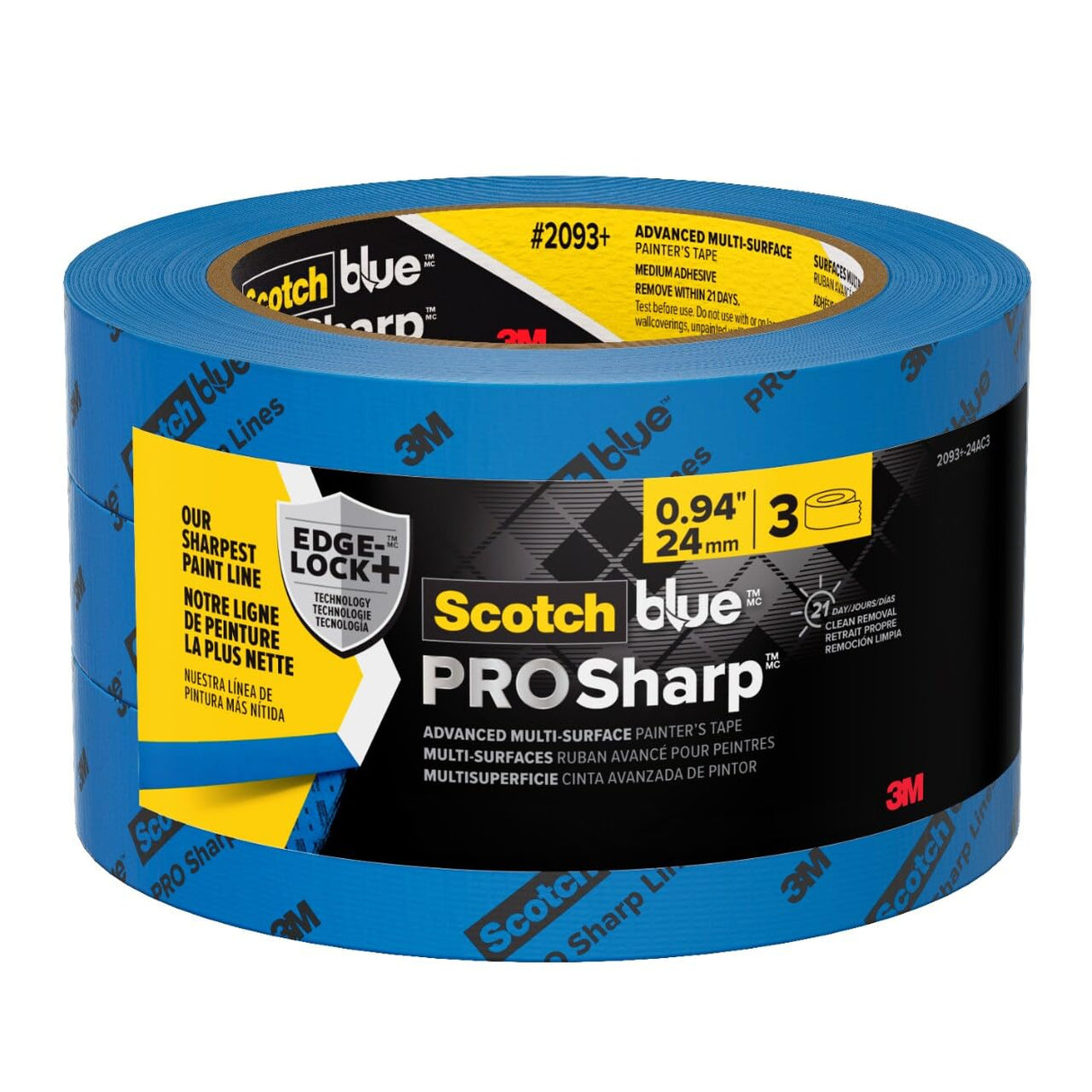 ScotchBlue PROSharp Painter's Tape 1 Inch Wide (0.94 in x 60 yd) 3 Rolls Blue Tape Protects Surfaces and Removes Easily, Edge-Lock Tape for Indoor and Outdoor Use (2093+-24AC3)
