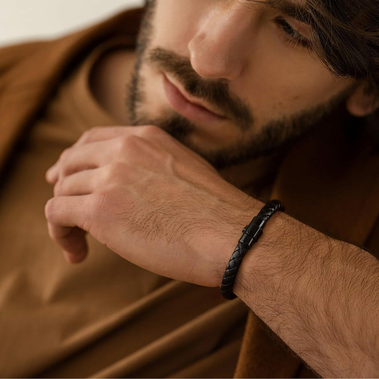 Tiwindx 6 Pcs Leather Bracelet for Men Black Braided Steel Cuff Layered Bracelets Men's Braided Bracelet Set