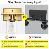 Ascher Bathroom Vanity Light Fixtures, 3 Light Wall Sconces Lighting with Clear Glass Shade, Gold Wall Lights for Mirror, Kitchen, Living Room, Gallery, E26 Base (Bulbs Not Included)