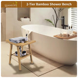 Bamboo Shower Bench Stool, Shower Chair for Inside Shower with 2-Tier Storage Shelf, Waterproof Shower Seat for Shaving Legs, Spa Bathroom Shower Bench for Senior Adult Disabled Elderly