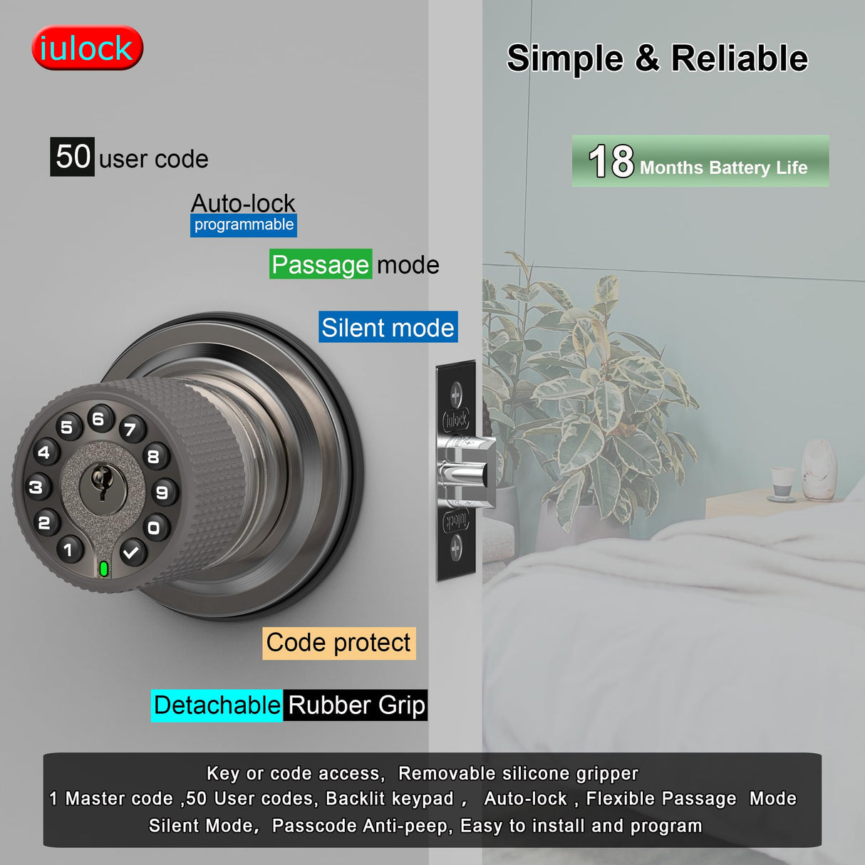 iulock Smart Door Knob with Keypad and Key,Keyless Entry Door Lock with Rubber Grip, Auto Lock,50 User Code,Waterproof, Easy to Install and Program for Bedroom Garage Office Gate (Satin Nickel)