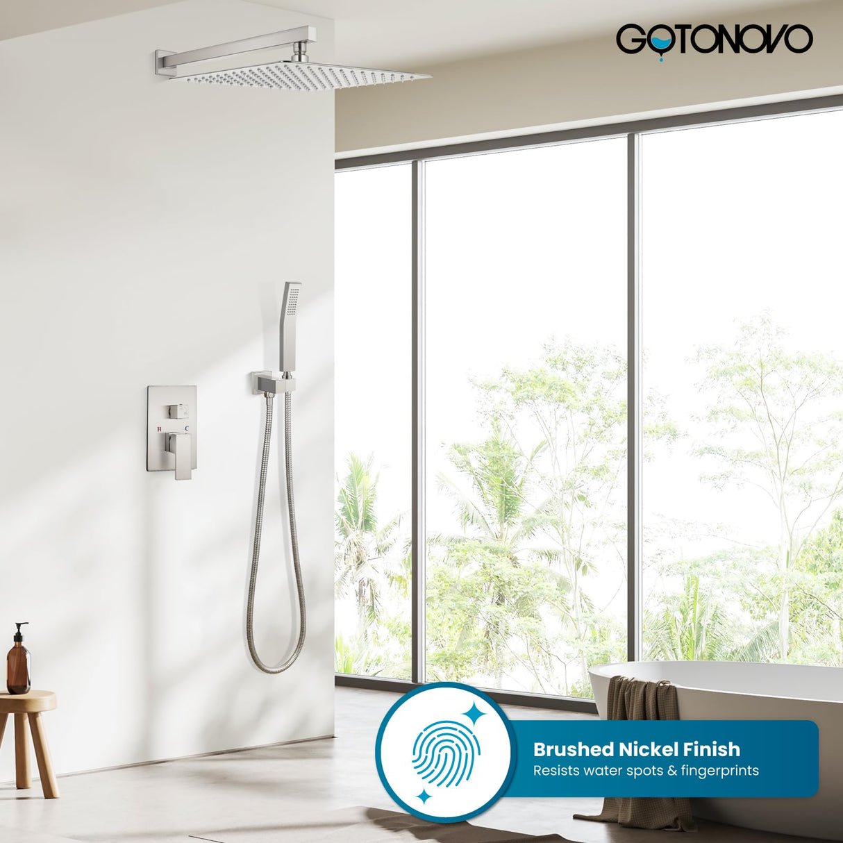 gotonovo Rainfall Bathroom Shower System Rain Shower Head and Handle Set Wall Mounted Shower Complete Combo Solid Brass Pressure Balancing Shower Mixer Valve 16 Inch Brushed Nickel