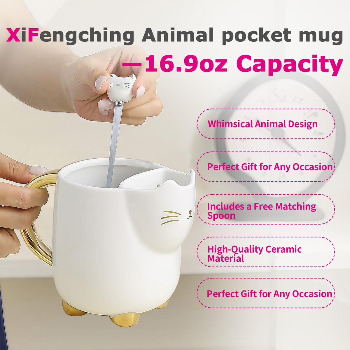 Christmas mugs Ceramic Cat Mug with Tea bag– 17oz Unique Coffee Cup with kitty Expression Design, Fun Gift for Women, Girls, Kids, Cat Lovers (white)