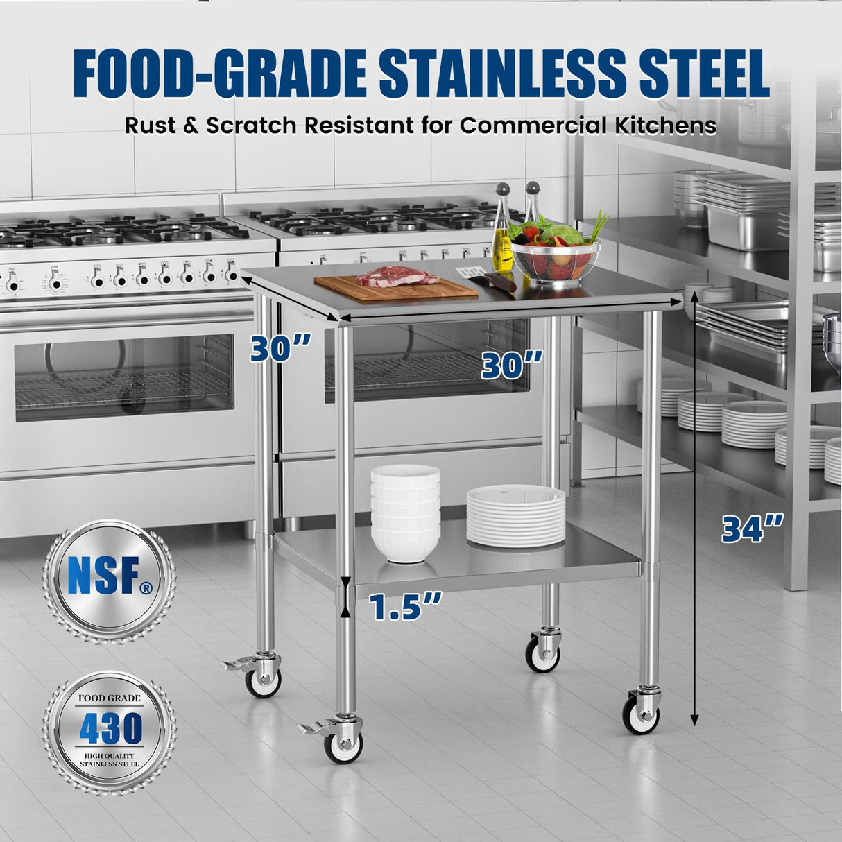 Chingoo Stainless Steel Work Table with Wheels, 30x30 Inch NSF Kitchen Prep Table with Adjustable Undershelf for Commercial Restaurant, Garage, Outdoor BBQ