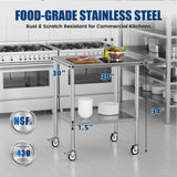 Chingoo Stainless Steel Work Table with Wheels, 30x30 Inch NSF Kitchen Prep Table with Adjustable Undershelf for Commercial Restaurant, Garage, Outdoor BBQ