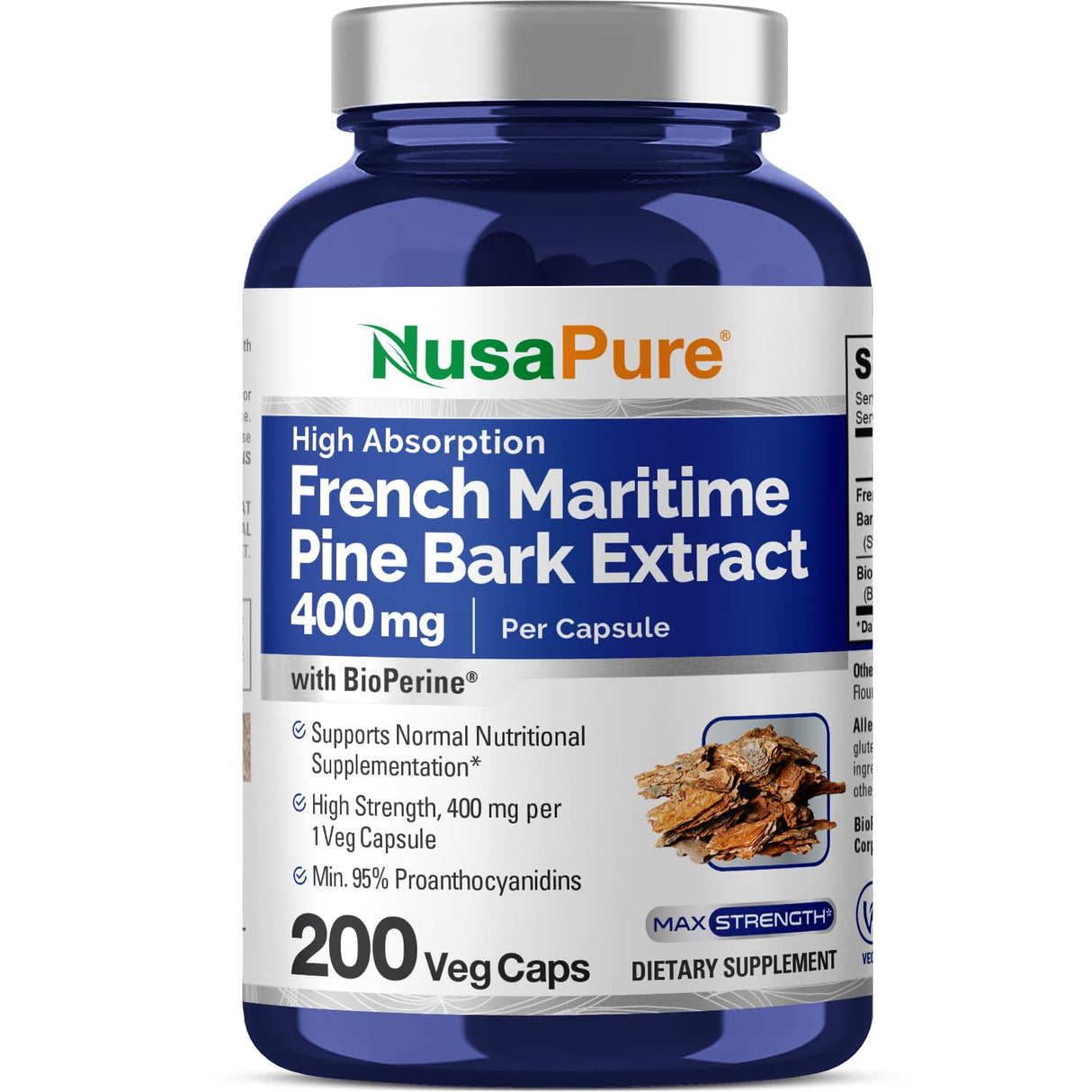 NusaPure French Maritime Pine Bark Extract 400mg per Veggie Caps 200-Day Supply Bioperine Non-GMO Vegan