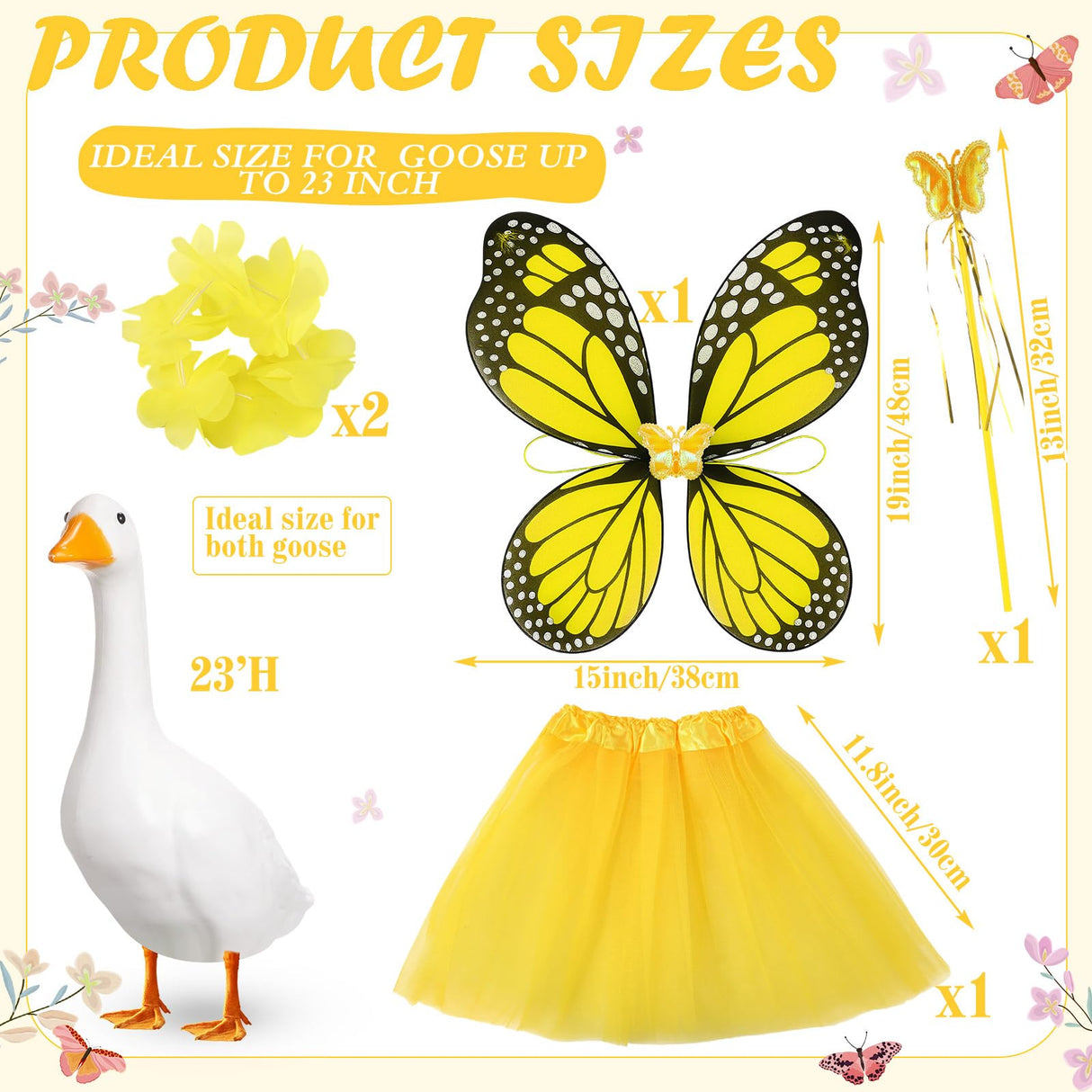 SilTriangle 5pcs Butterfly Porch Goose Outfit Costume Tutu Skirt Butterfly Wing Wand Flower Crown for 17‘' 23‘' Cement Goose(Yellow)