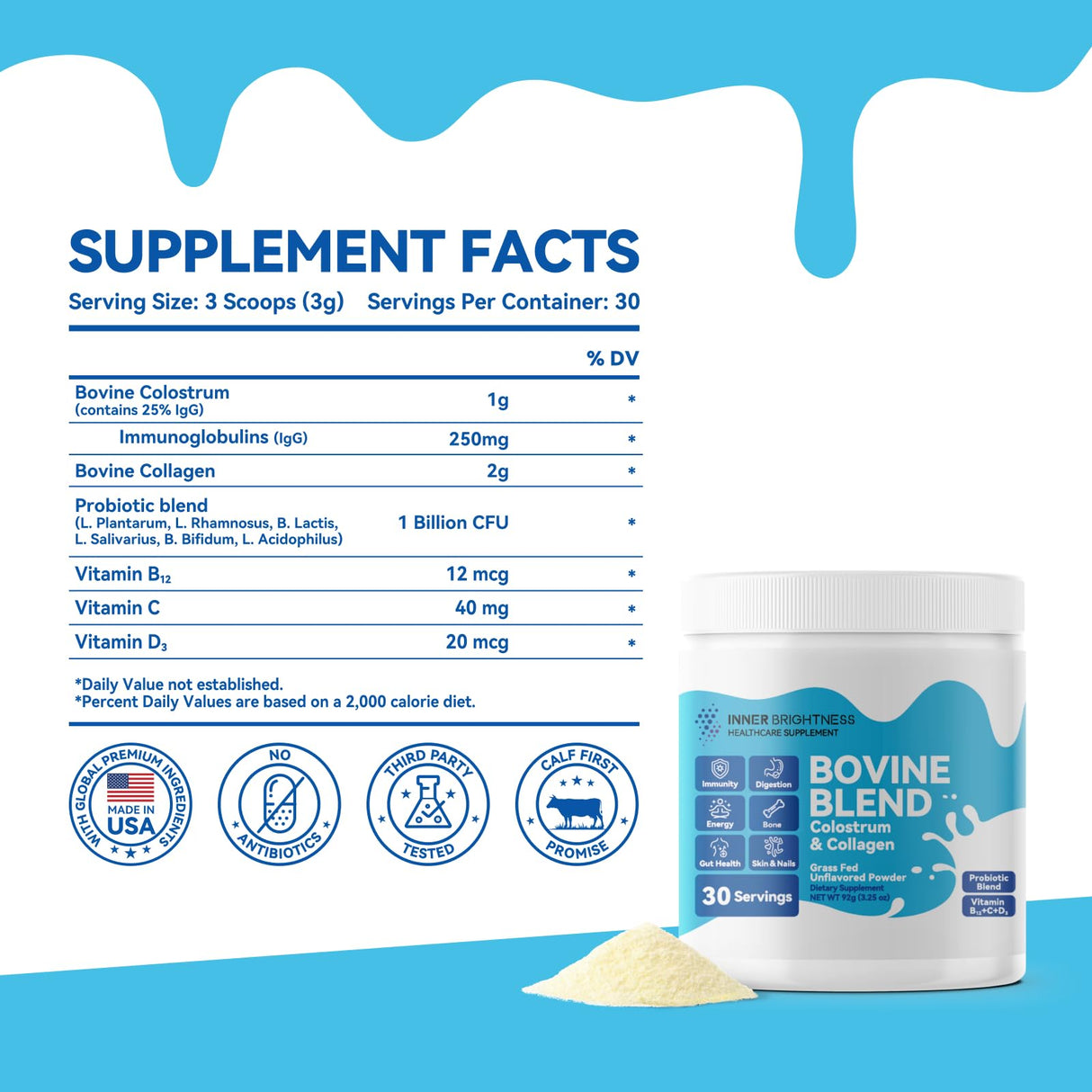 Inner Brightness Bovine Colostrum & Collagen Powder for Gut Health, Immune Support, Hair Growth & Beauty Supplement, Sugar Free – IgG, Probiotics, Vitamin B12, C, D3 – Unflavored, 30 Servings