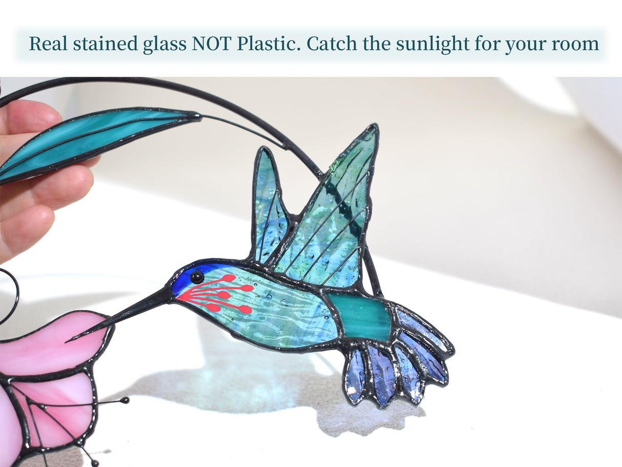 Lolitarcrafts Stained Glass Hummingbird Window Hangings with Flowers, Bird Stained Glass Suncatcher for Window Decor Hummingbird Gifts for Mom,Bird Lovers (Blue with Flower A)