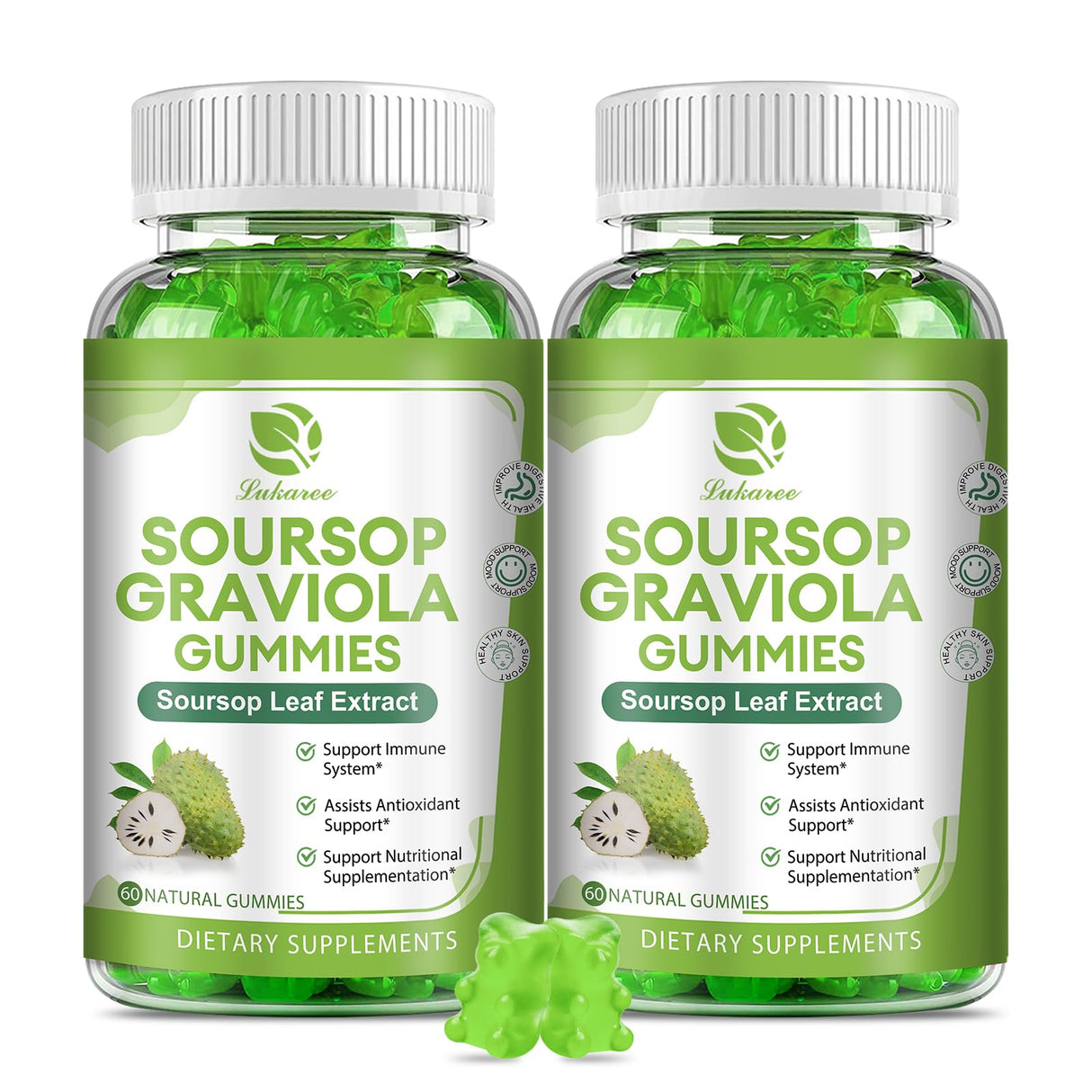 (2 Pack) Soursop Graviola Gummies - Soursop Leaves Extract w/Vitamin C, Zinc & Whole Natural Food for Immunity, Liver, Zzz & Antioxidant, Gluten Free, Vegan, 120 Gummies