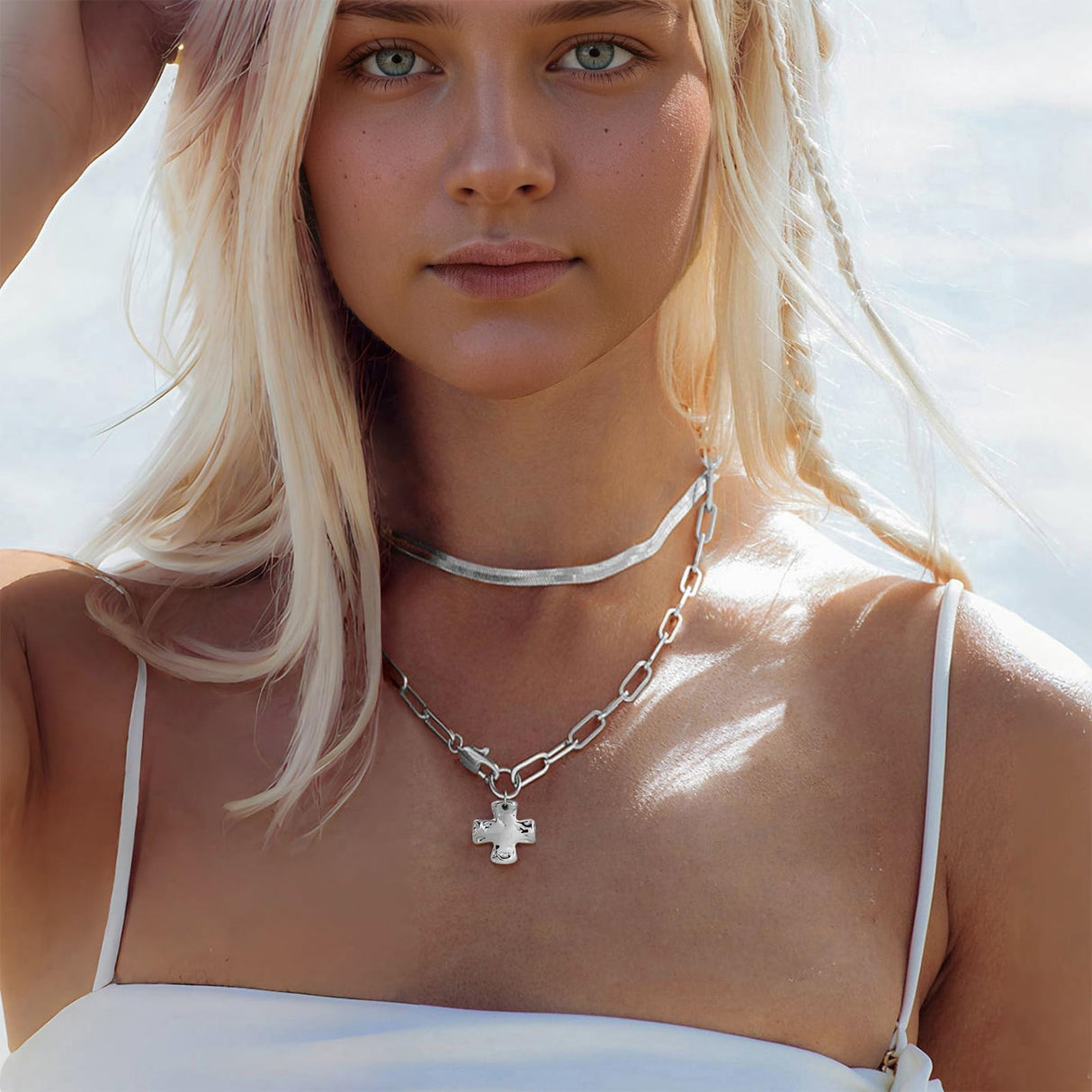Bheop Chunky Cross Necklace for Women, Silver Layered Herringbone Necklace