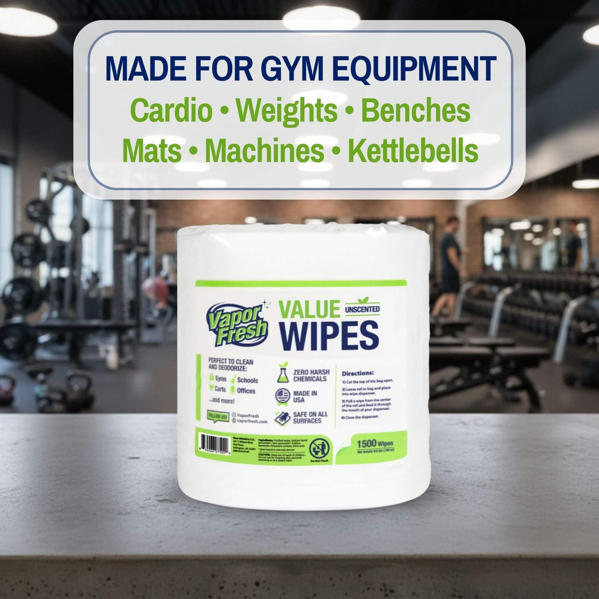 Vapor Fresh Value Wipes - 1,500 Count x 4 Rolls (6,000 Total Wipes) Plant Powered Commercial Grade Cleaner For Gym Equipment, Fitness Studios, Spas, Schools - Bulk Refill Rolls - Unscented