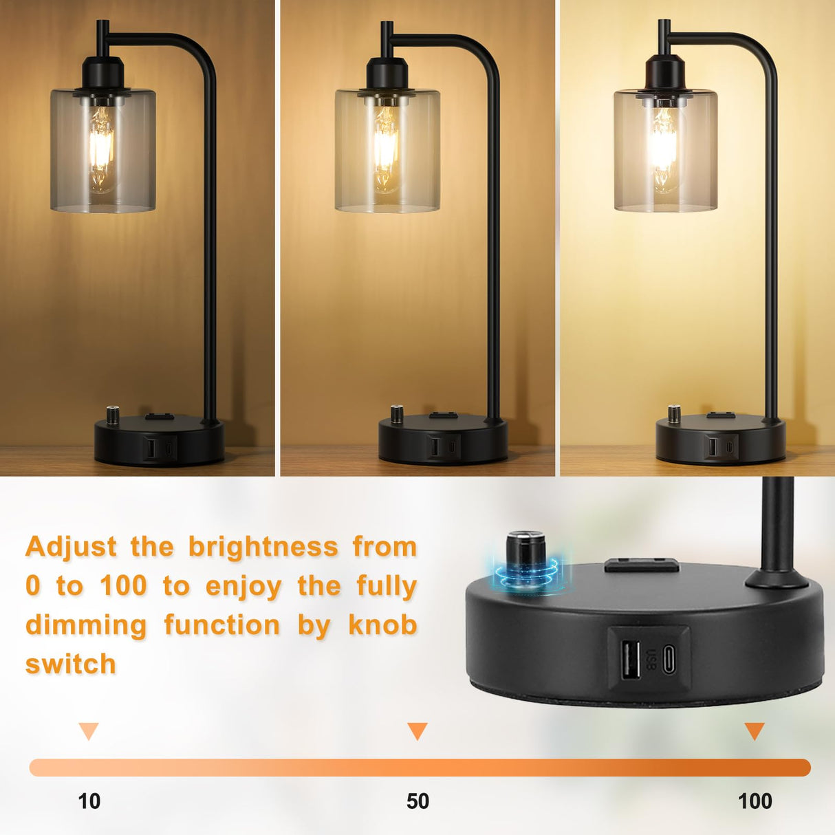 Innqoo Industrial Table Lamps for Bedrooms Set of 2 - Fully Dimmable Bedside Lamps with USB Ports and Outlet, Copper Nightstand Lamps with Glass Shade for Living Room, Desk Lamps for Office Reading
