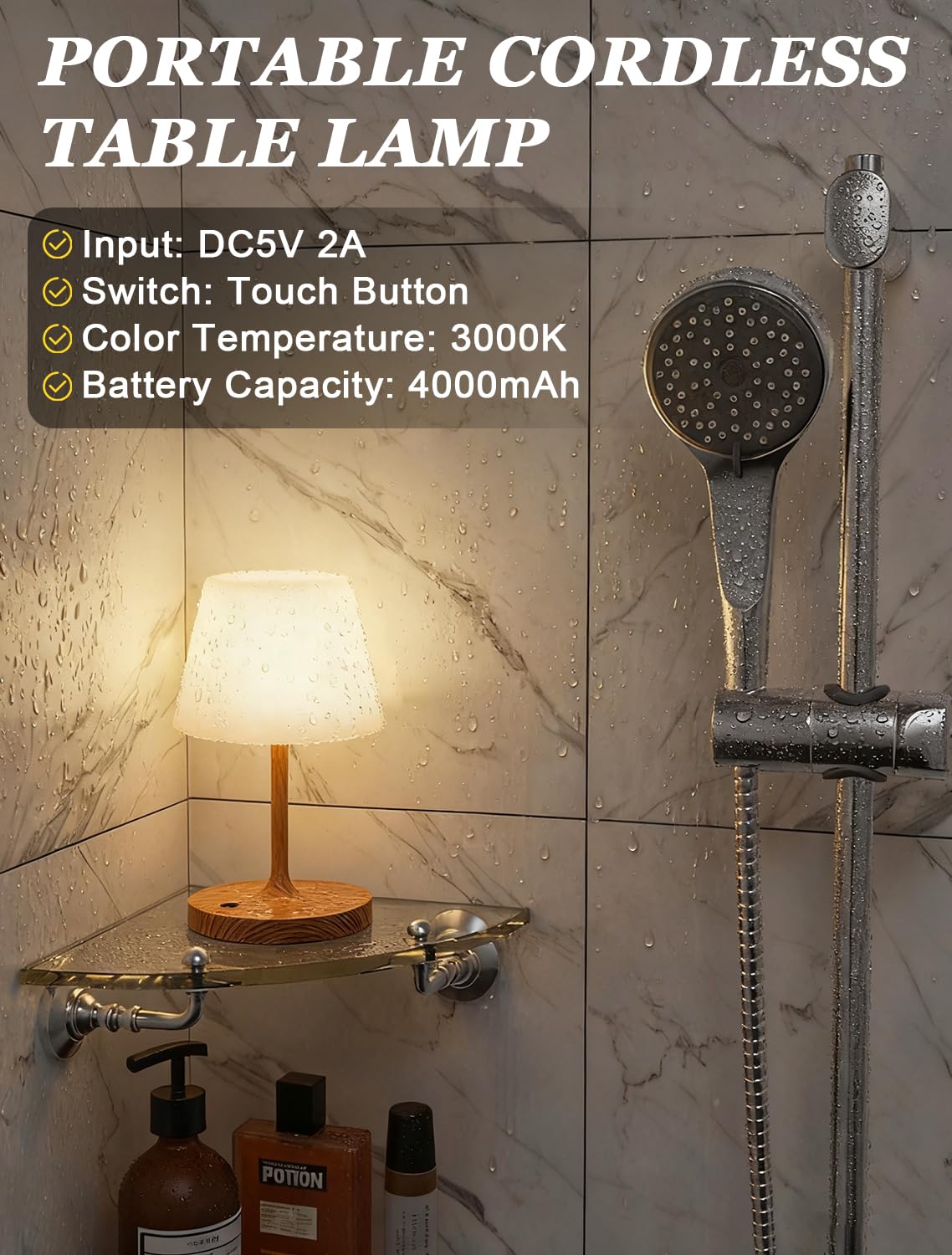Kakanuo Cordless Shower Lamp Waterproof, Cordless Lamp with 4000mAh Battery, Rechargeable Table Lamp, Touch Dimmable Desk Light for Outdoor, Kitchen, Bathroom, Camping, Patio, IP54