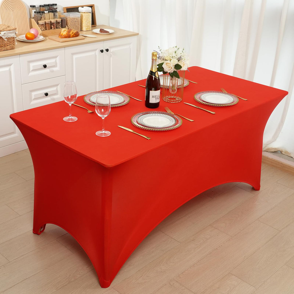 Fixwal 3 Pack Red Table Cloths Rectangle 6FT, Tablecloths Rectangular Stretch Spandex Fitted Table Covers 6 ft for Festival Parties, Christmas Decorations, Trade Shows, Banquet, Weddings, Event