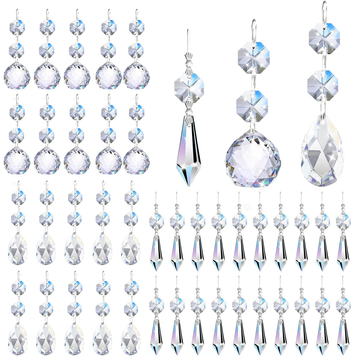 Milkary 44 Pack Chandelier Crystal Prism Replacement, 38mm Hanging Clear Crystal Glass Bead Prisms 20mm Chandelier Crystals Modern for Foyer Wedding Lamp Windows Christmas Tree Decoration