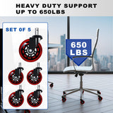 Office Chair Wheels for Casters Replacement - 3" Rubber Wheels for Computer Gaming Desk Caster Wheels Smooth & Safe Rolling for All Floors Including Hardwood and Carpet - Set of 5 - Red