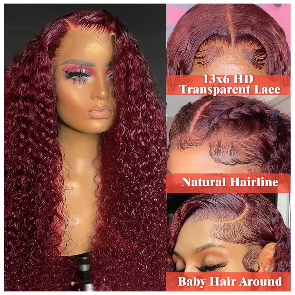 CHEETAHBEAUTY 99J Burgundy Deep Wave 13X6 HD Transparent Lace Front Wigs Human Hair Brazilian Virgin Human Hair Wigs for Black Women Deep Curly Wigs Pre Plucked with Baby Hair 250% Density(30inch)