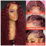 CHEETAHBEAUTY 99J Burgundy Deep Wave 13X6 HD Transparent Lace Front Wigs Human Hair Brazilian Virgin Human Hair Wigs for Black Women Deep Curly Wigs Pre Plucked with Baby Hair 250% Density(30inch)