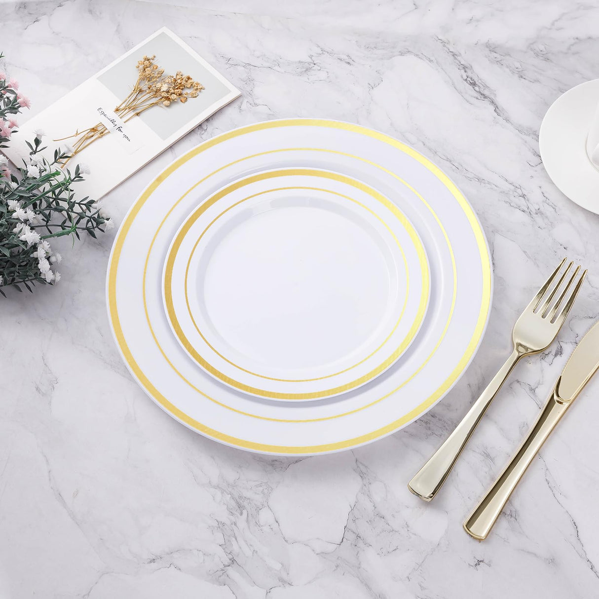 BESTVIP 100PCS Gold Plastic Plates, 10.25 Inch Disposable Dinner Plate Party with Gold Rim for Christmas, Thanksgiving, Heavy Duty Disposable Plastic Plates for Party, Wedding and Birthday, Events