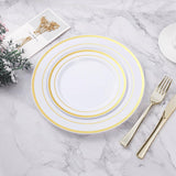 BESTVIP 100PCS Gold Plastic Plates, 10.25 Inch Disposable Dinner Plate Party with Gold Rim for Christmas, Thanksgiving, Heavy Duty Disposable Plastic Plates for Party, Wedding and Birthday, Events