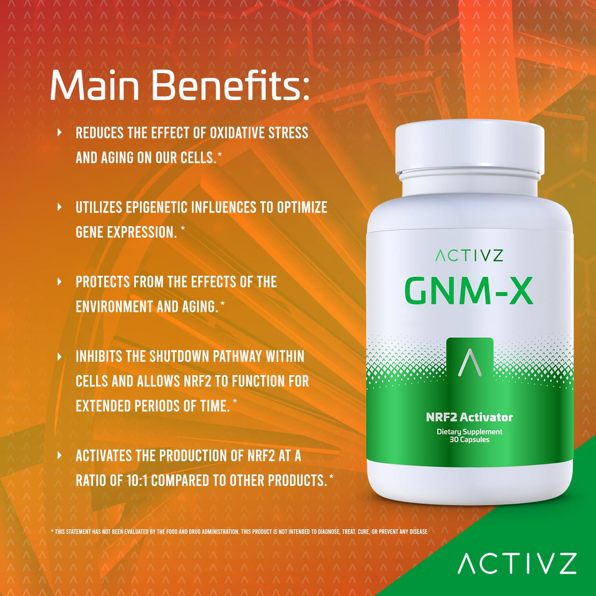ACTIVZ GNM-X - Nrf2 Activator for Genetic Cellular Defense and Enhanced Well-Being - Supports Longevity and Epigenetic Health - 30 Capsules