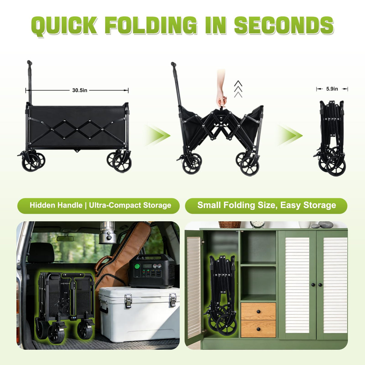 Collapsible Foldable Wagon Cart with Wheels - 360LBS Folding Utility Wagon Cart with Brakes, Lightweight Portable All-Terrain Wagons for Groceries Garden Beach Shopping Camping, 2 Cup Holders/Black