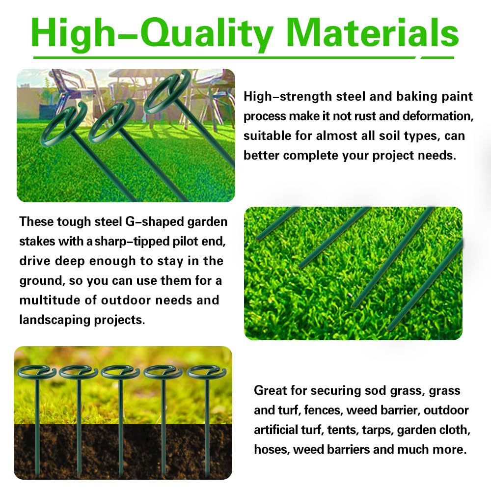 Bakulyor 50Pcs Circle Top Landscape Staples, 6 Inch Green Artificial Turf Stakes, 9 Gauge Landscape Fabric Pins, Heavy Duty Yard Lawn Spikes for Outdoor Soil Gardening Weed Barrier Sod Fabric - 6"