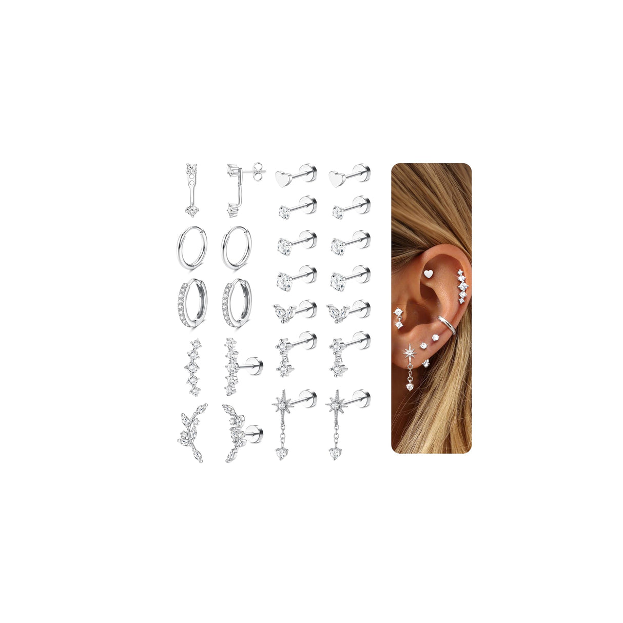 LOLIAS Hypoallergenic Flat Back Earrings Cartilage Earring Stacks - Surgical Steel Earrings for Sensitive Ears - Small Stainless Steel Flatback Stud Hoop Earring Sets for Helix Tragus Conch Daith Multiple Piercing Jewelry Trendy Silver