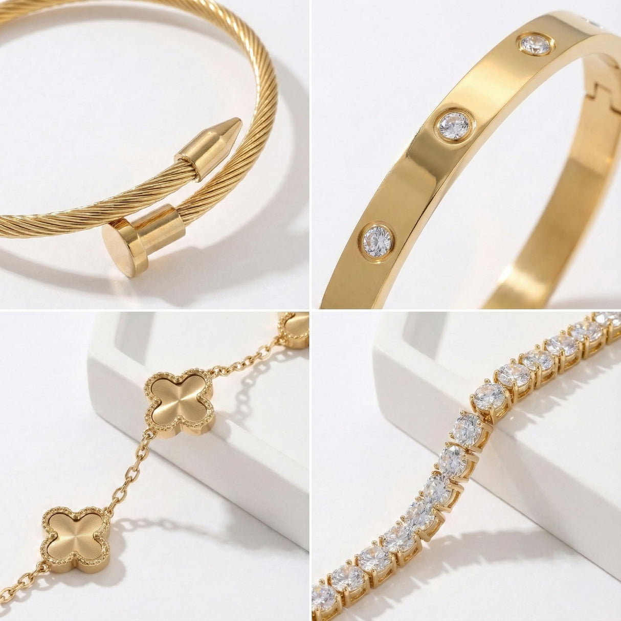 Billet-doux 18K Gold Plated Non-Tarnish Nail Love Bangle Bracelets Set For Women, Stackable Waterproof Four-Leaf Clover Adjustable Tennis Bracelet Trendy Jewelry Gifts Perfect for Her