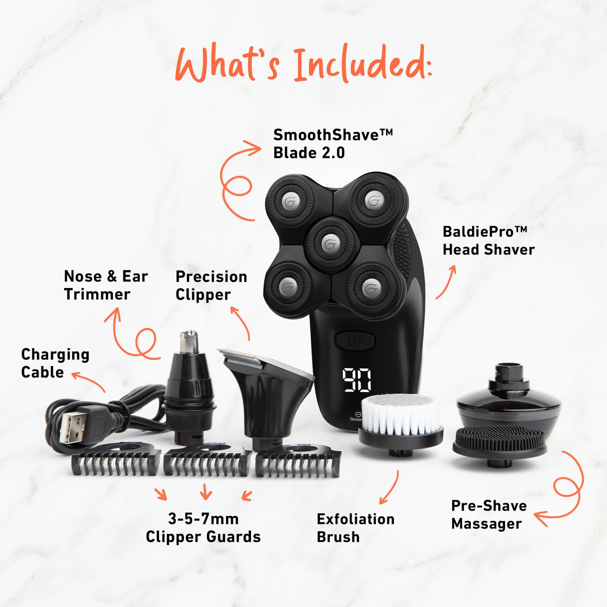 Groomie Cordless Bald Head Shavers for Men, BaldiePro Head Grooming Kit - Ergonomic & Waterproof Head Shavers for Bald Men - Electric Hair Shaver & Head Razor - Men's Rotary Shaver for Smooth Shave