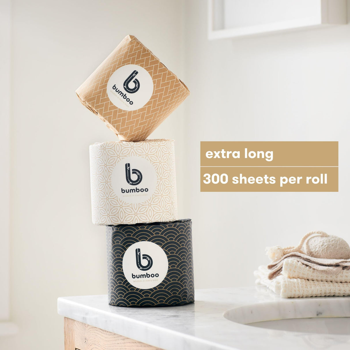 Bumboo Bamboo Toilet Roll 24 Pack | Wrapped Toilet Paper 3 ply, 300 Sheets | Eco Friendly Toilet Paper | Plastic-Free, Soft, Strong, Sustainable & Biodegradable Toilet Tissue