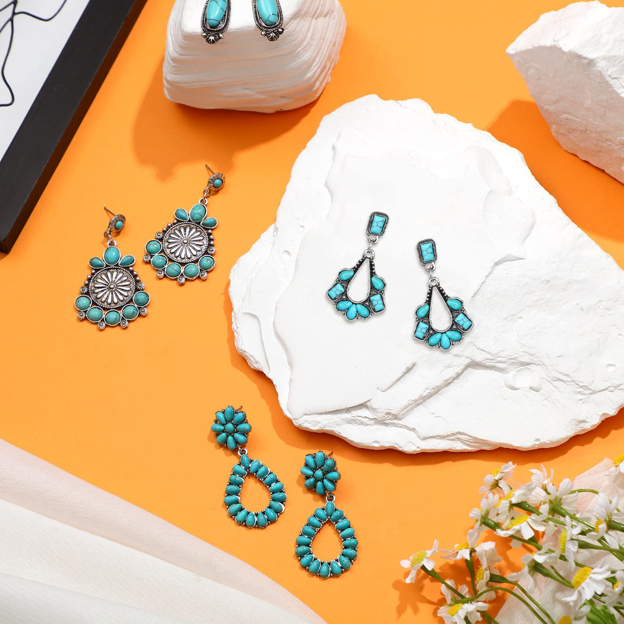 Trnayi 12 Pairs Turquoise Earring Set for Women Turquoise Bohemian Dangle Stud Earrings Round Metal Earrings Boho Vintage Oval Earring Metal for Jewelry(Fresh Style,Green)