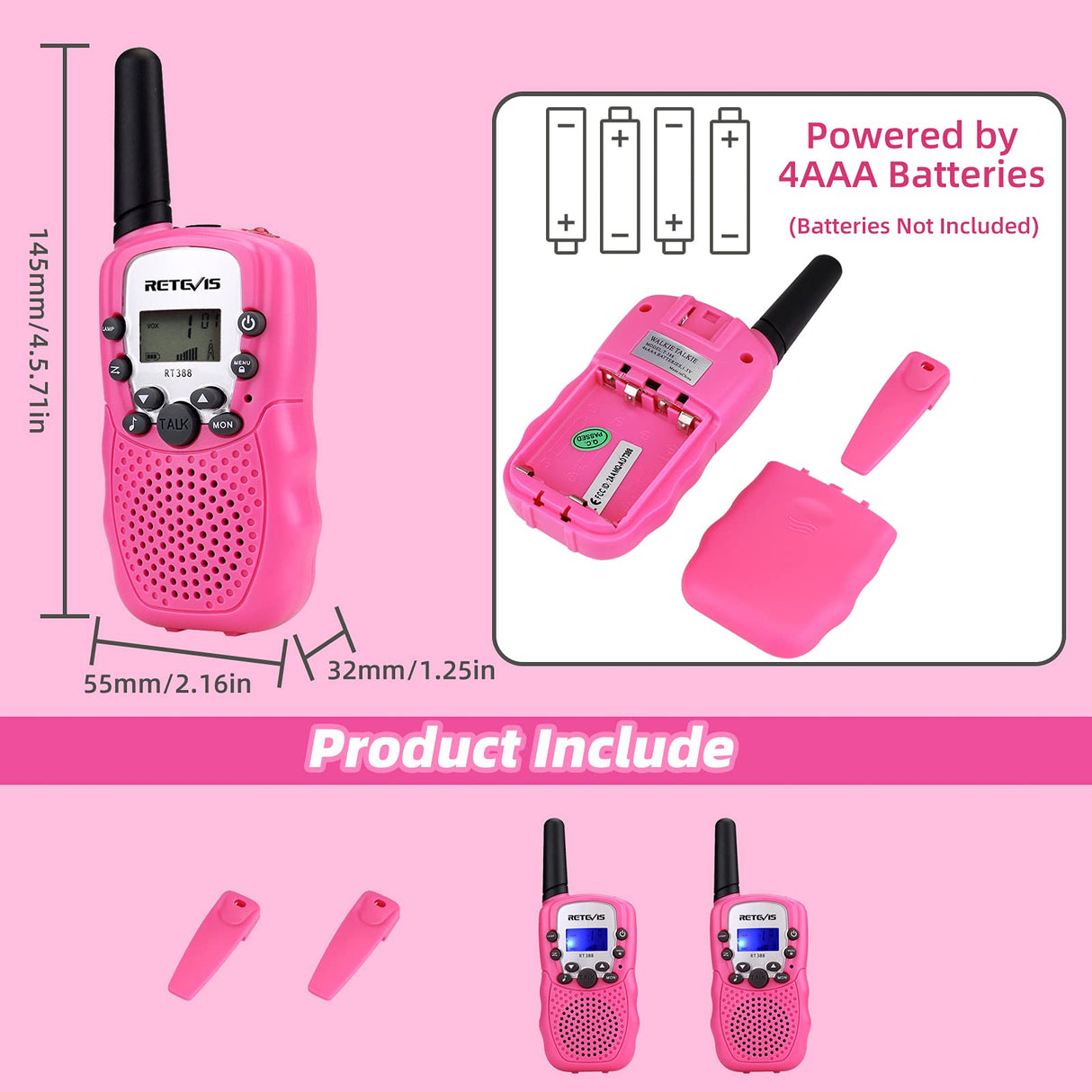 Retevis RT-388 Kids Walkie Talkies for Girls Boys,6-12 Year Old Kids' Toys,22 CH LCD Flashlight,Christmas Halloween Gifts,Camping Outdoor(Pink,2 Pack)