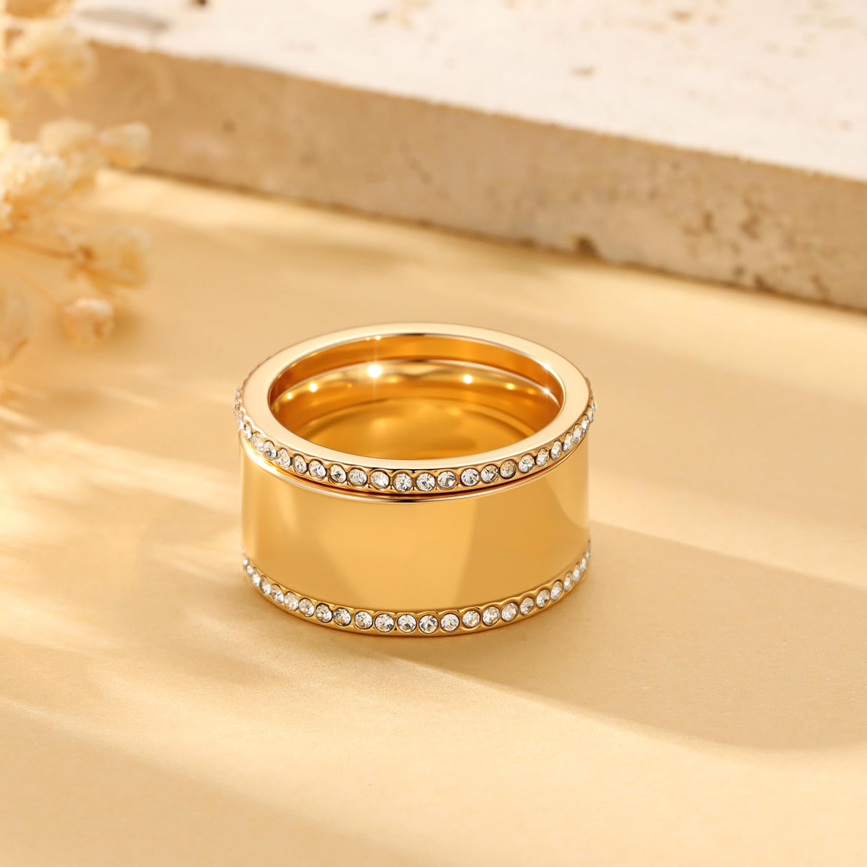 GWH Trendy 3-Pack Stackable Rings for Women - 18K Gold Plated Cubic Zirconia Simulated Diamond Oura Stack Rings for Women Size 7