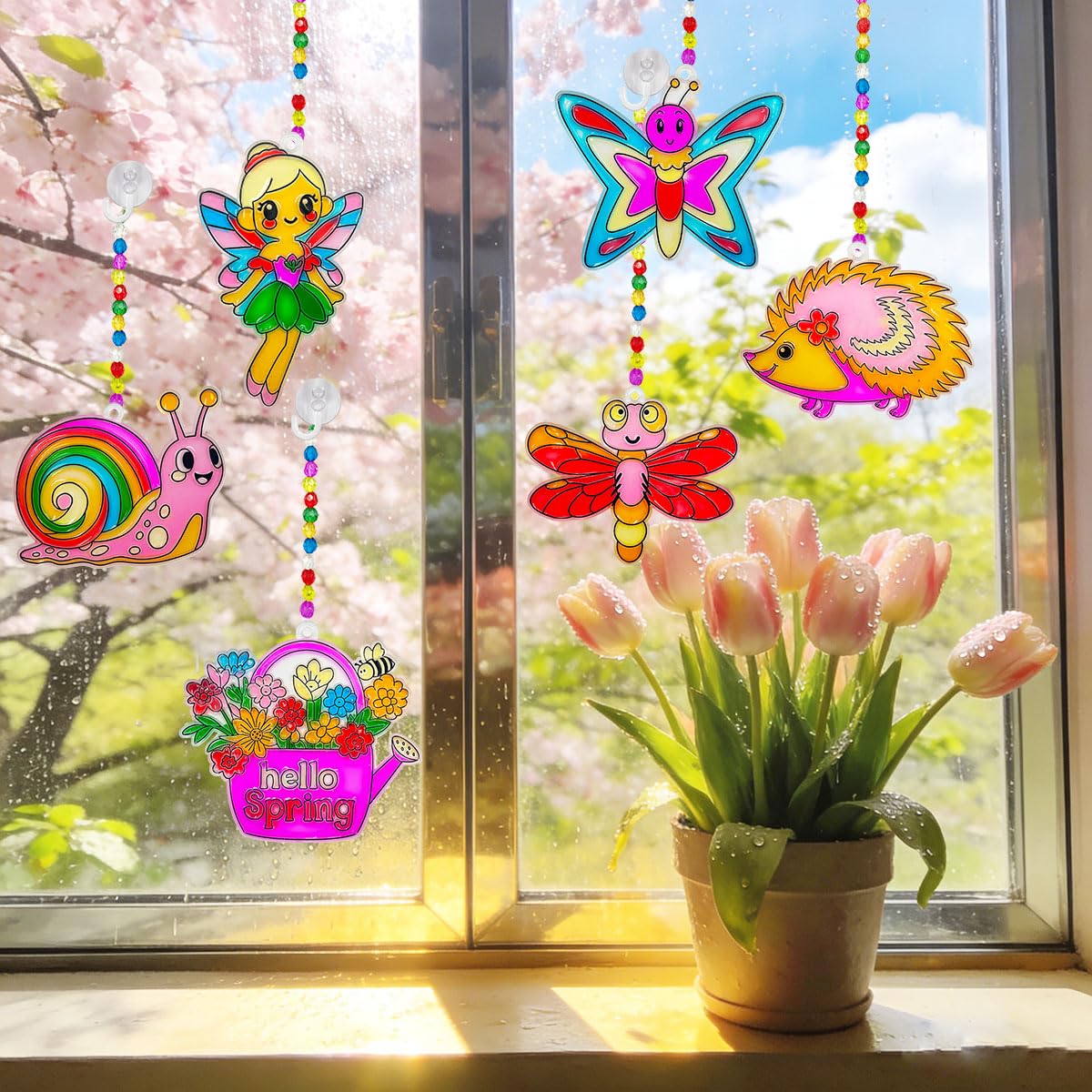 32 Sets Spring Flower Suncatcher Kit Butterfly Suncatchers DIY Window Art Kit Paint Sun Catcher Ornaments for Spring Easter Home Activity Art Craft Project Birthday Party Favors