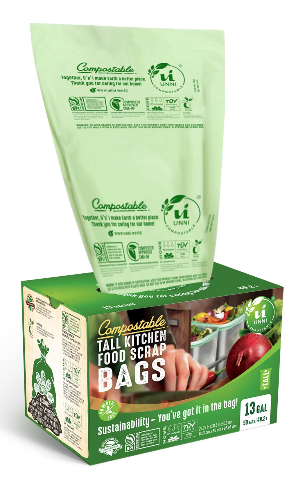 UNNI Compostable Liner Bags, 13 Gallon, 49.2 Liter, 100 Count, Heavy Duty 0.9 Mil, Tall Kitchen Food Scrap Waste Bags, ASTM D6400, US BPI, CMA and Europe OK compost HOME Certified, San Francisco