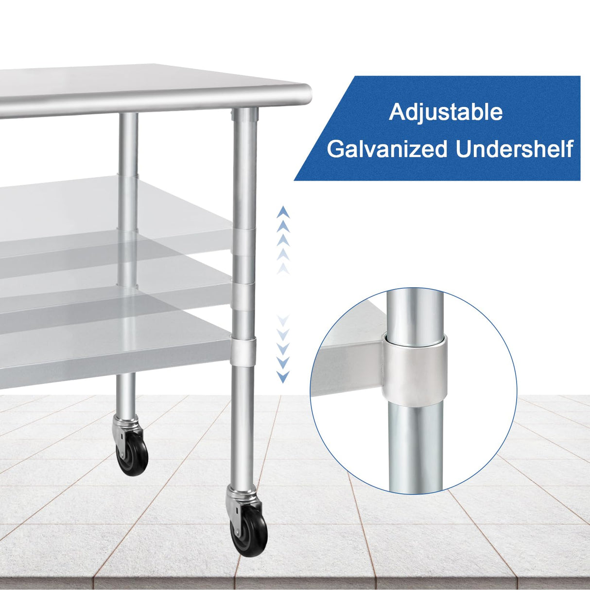 HARDURA Stainless Steel Table with Wheels 30 x 36 Inches Casters NSF Heavy Duty Commercial Prep Table with Undershelf and Galvanized Legs for Food Prep