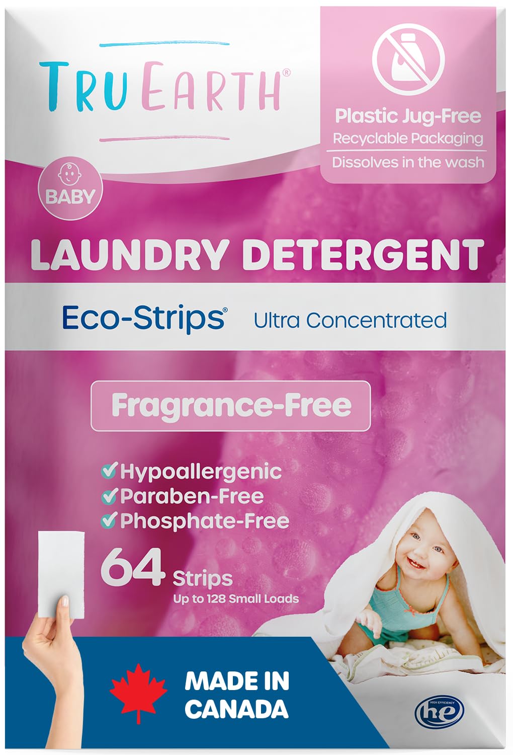 Tru Earth Hypoallergenic Baby Laundry Detergent Sheets/Strips for Sensitive Skin, 64 Count, Up to 128 Loads: Fragrance Free Baby Detergent Laundry Newborn, Children