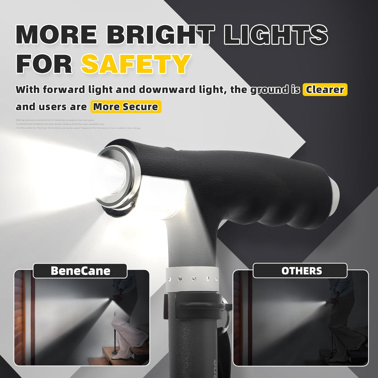 BeneCane Walking Cane for Women Folding Cane for Men with Two Led Lights Quad Cane with Stable Base Lightweight and Adjustable Walking Stick