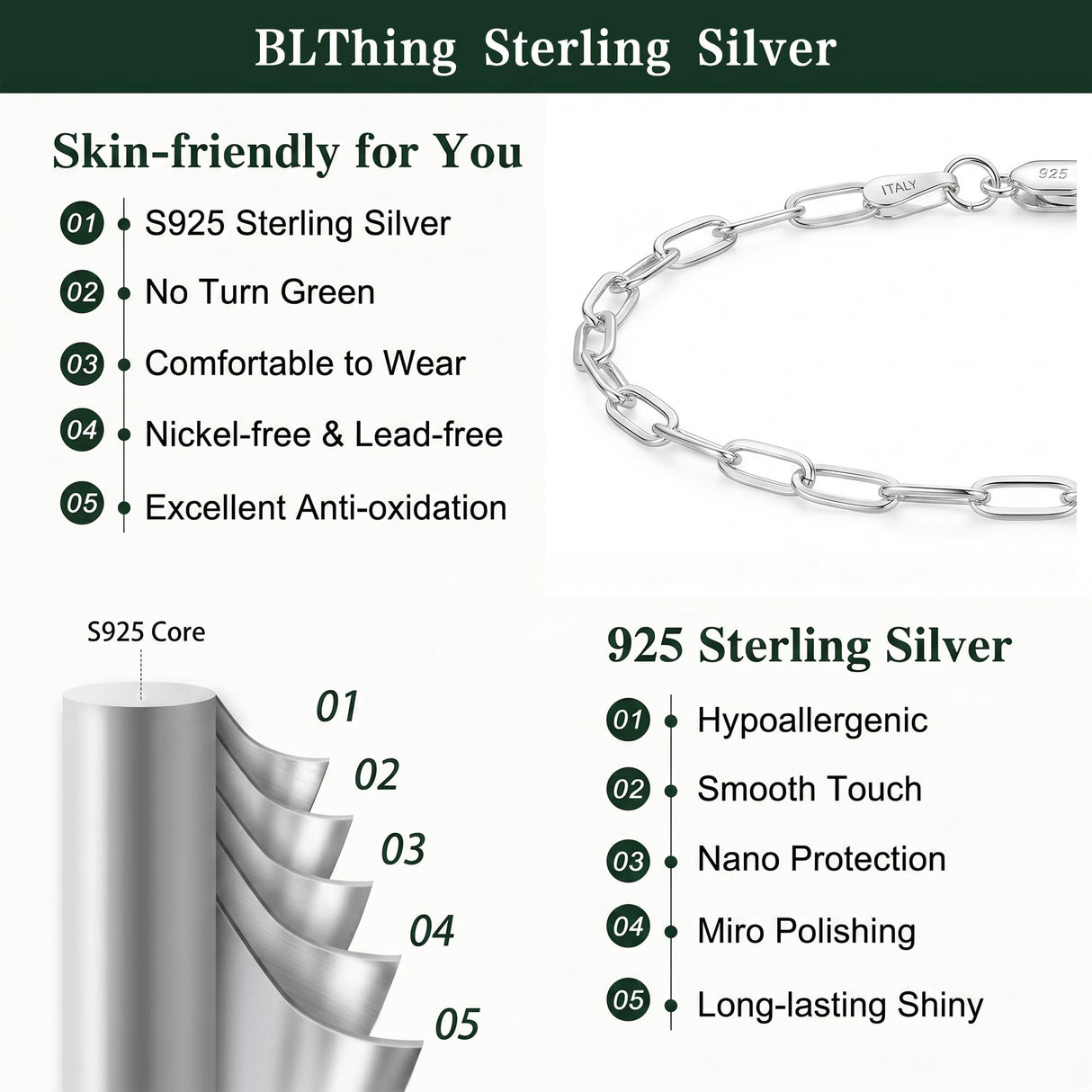 BLThing Silver Bracelets for Women 3mm Sterling Silver Paperclip Bracelet