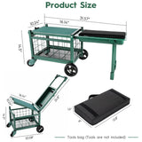 Rolling Garden Cart with Seat, Metal Garden Work Seat with 360° Swivel Wheels, Storage Basket, Workbench, and Tool Bag, Upgraded Heavy Duty Gardening Wagon and Stool for Seniors