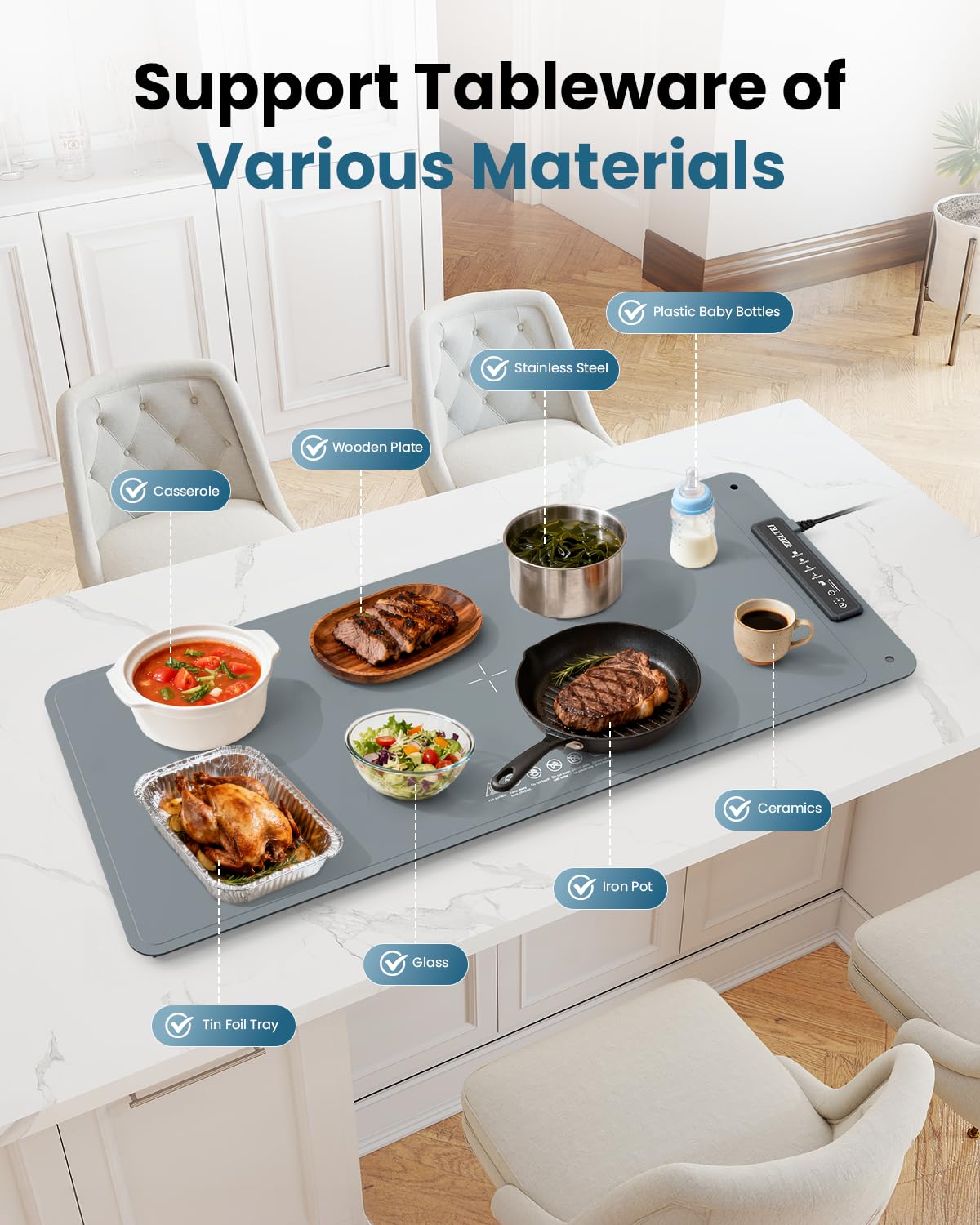 ZELTRI Food Warmer Mat Plug and Play-Extra Large 36''X16'' Rapid Full Surface Heating, 4 Level Temp, 5 Hour Timer, Child Lock, Portable Warming Mat for Family Gatherings, Parties, Outdoor Camping